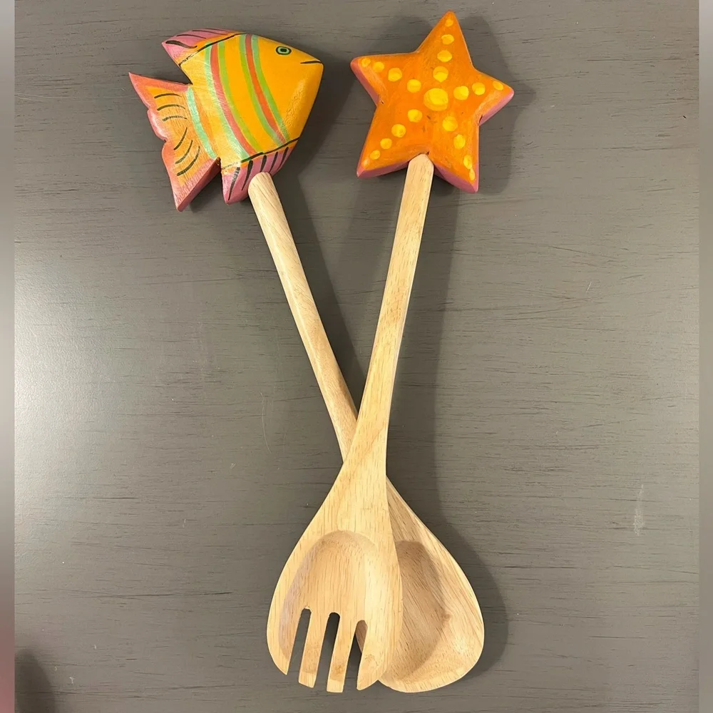 Wooden Fish & Starfish Salad Serving Utensils Wooden Handle Spoon Fork